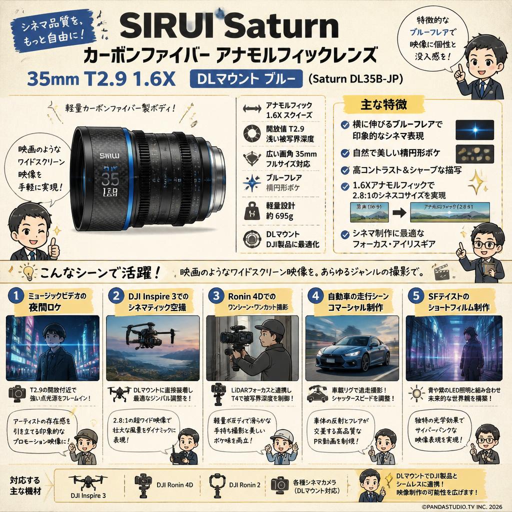 SIRUI Saturn カーボンファイバー アナモルフィックレンズ 35mm T2.9 1.6X  DLマウント ブルー  ( Saturn DL35B-JP ) 用途