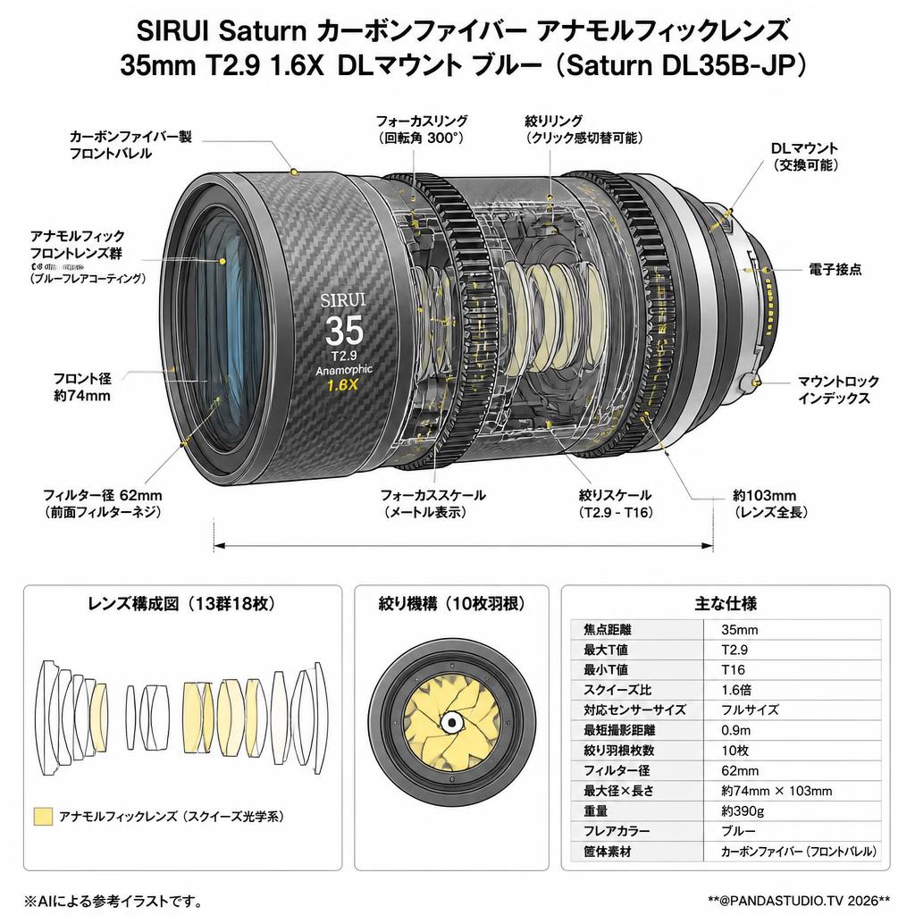 SIRUI Saturn カーボンファイバー アナモルフィックレンズ 35mm T2.9 1.6X  DLマウント ブルー  ( Saturn DL35B-JP ) スペック