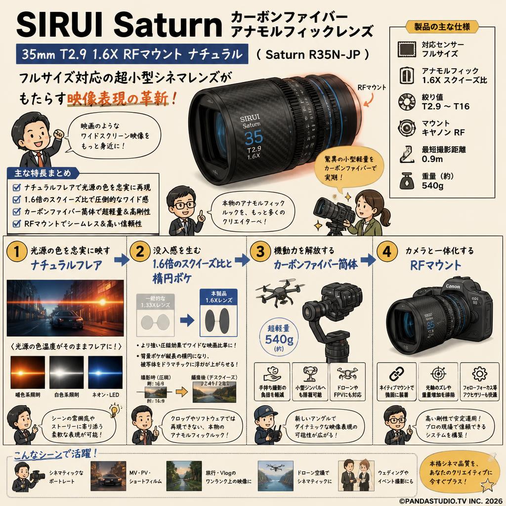 SIRUI Saturn カーボンファイバー アナモルフィックレンズ 35mm T2.9 1.6X  RFマウント ナチュラル  ( Saturn R35N-JP ) 概要