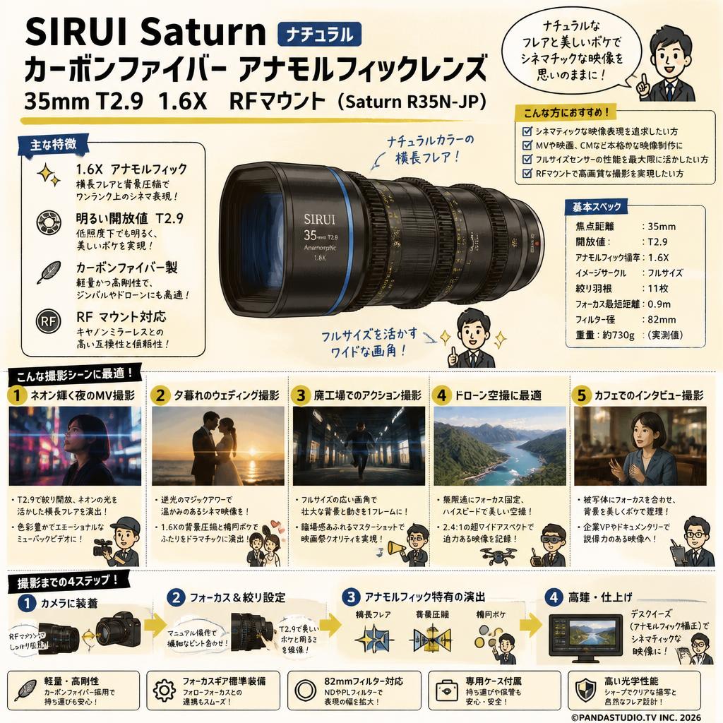 SIRUI Saturn カーボンファイバー アナモルフィックレンズ 35mm T2.9 1.6X  RFマウント ナチュラル  ( Saturn R35N-JP ) 用途