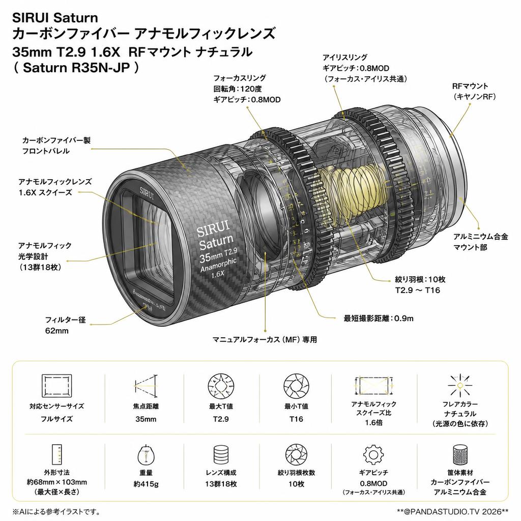 SIRUI Saturn カーボンファイバー アナモルフィックレンズ 35mm T2.9 1.6X  RFマウント ナチュラル  ( Saturn R35N-JP ) スペック