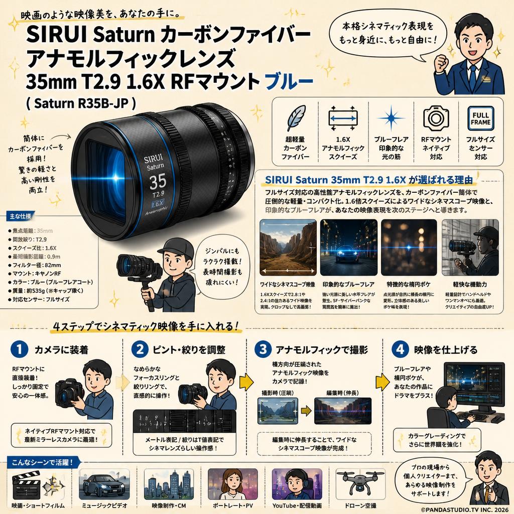 SIRUI Saturn カーボンファイバー アナモルフィックレンズ 35mm T2.9 1.6X  RFマウントブルー   ( Saturn R35B-JP ) 概要