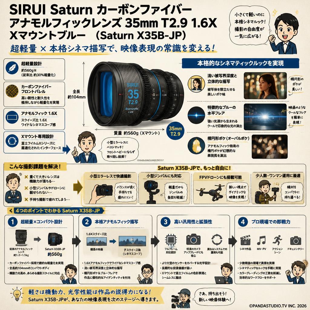 SIRUI Saturn カーボンファイバー アナモルフィックレンズ 35mm T2.9 1.6X  Xマウントブルー   ( Saturn X35B-JP ) 概要