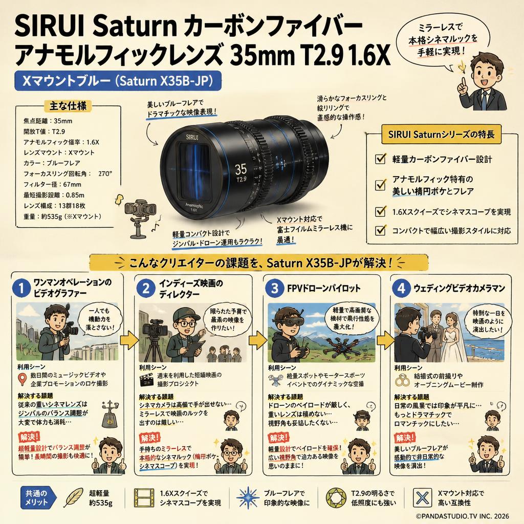 SIRUI Saturn カーボンファイバー アナモルフィックレンズ 35mm T2.9 1.6X  Xマウントブルー   ( Saturn X35B-JP ) おもな対象のお客様