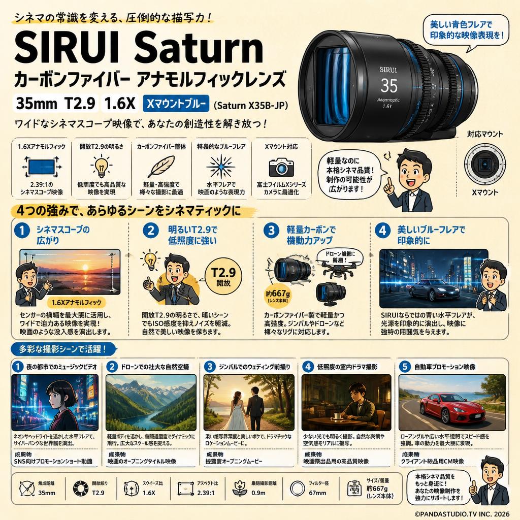 SIRUI Saturn カーボンファイバー アナモルフィックレンズ 35mm T2.9 1.6X  Xマウントブルー   ( Saturn X35B-JP ) 用途