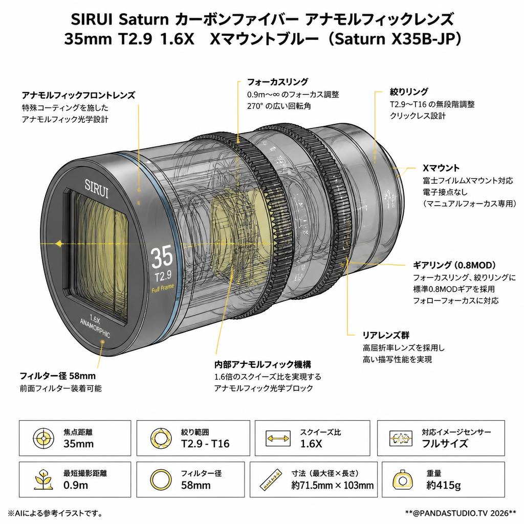 SIRUI Saturn カーボンファイバー アナモルフィックレンズ 35mm T2.9 1.6X  Xマウントブルー   ( Saturn X35B-JP ) スペック