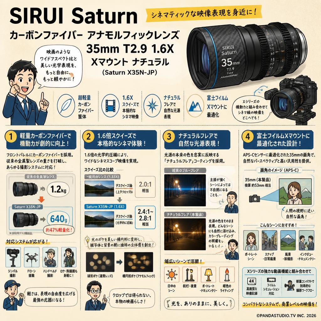 SIRUI Saturn カーボンファイバー アナモルフィックレンズ 35mm T2.9 1.6X  Xマウント ナチュラル ( Saturn X35N-JP ) 概要