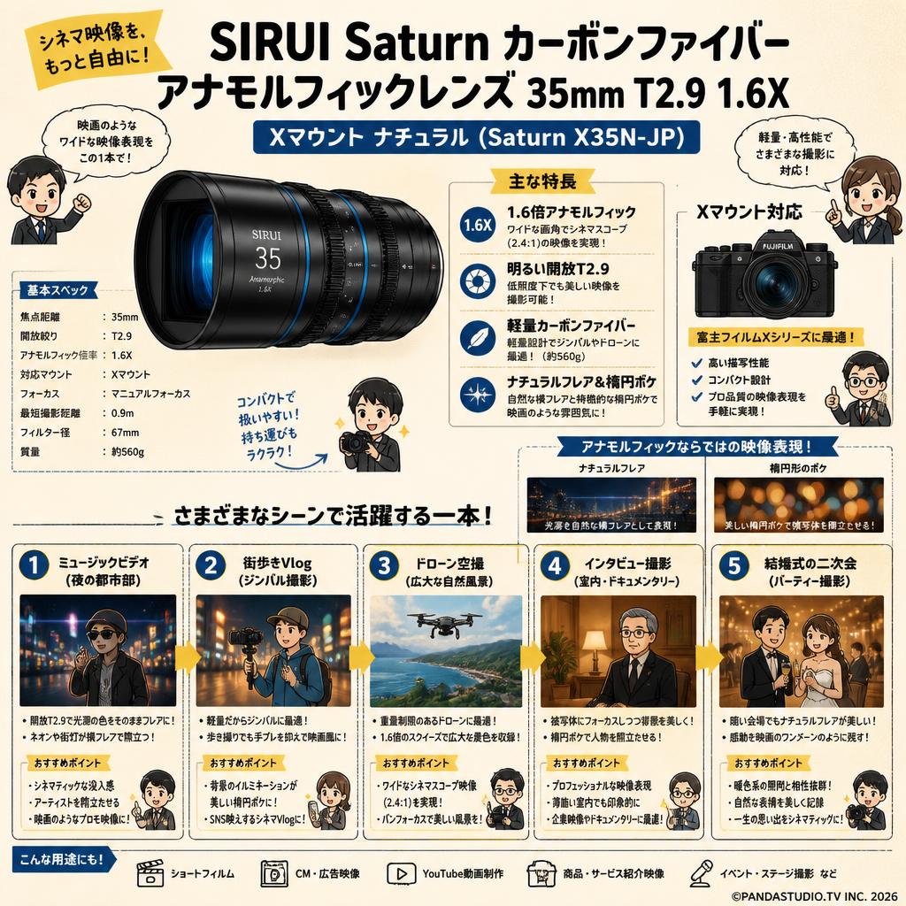 SIRUI Saturn カーボンファイバー アナモルフィックレンズ 35mm T2.9 1.6X  Xマウント ナチュラル ( Saturn X35N-JP ) 用途