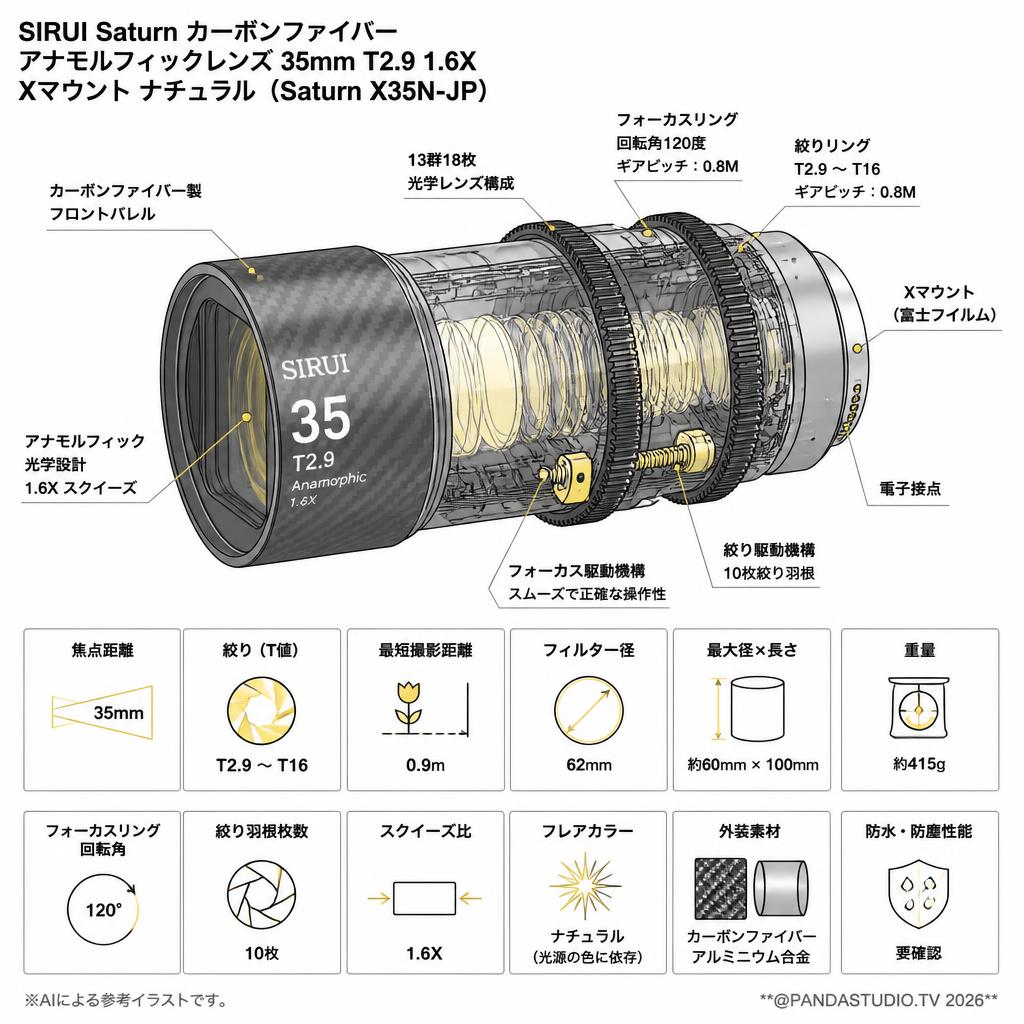 SIRUI Saturn カーボンファイバー アナモルフィックレンズ 35mm T2.9 1.6X  Xマウント ナチュラル ( Saturn X35N-JP ) スペック