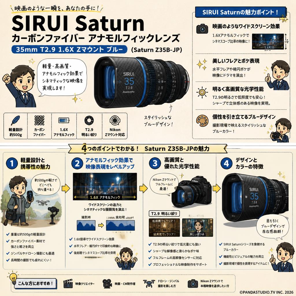 SIRUI Saturn カーボンファイバー アナモルフィックレンズ 35mm T2.9 1.6X  Zマウント ブルー ( Saturn Z35B-JP ) 概要