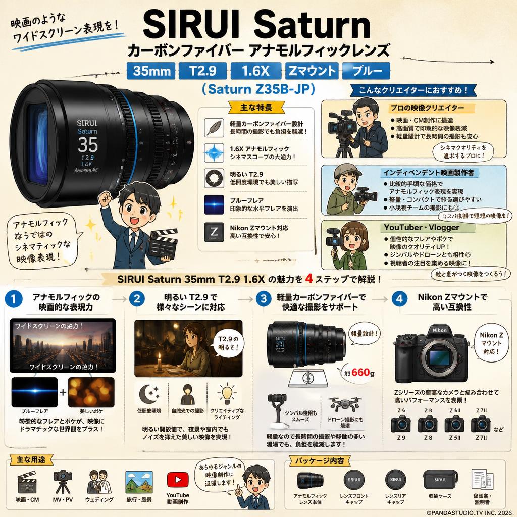 SIRUI Saturn カーボンファイバー アナモルフィックレンズ 35mm T2.9 1.6X  Zマウント ブルー ( Saturn Z35B-JP ) おもな対象のお客様