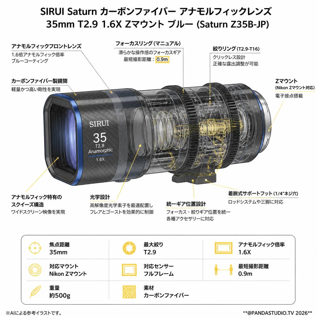 SIRUI Saturn カーボンファイバー アナモルフィックレンズ 35mm T2.9 1.6X  Zマウント ブルー ( Saturn Z35B-JP ) スペック