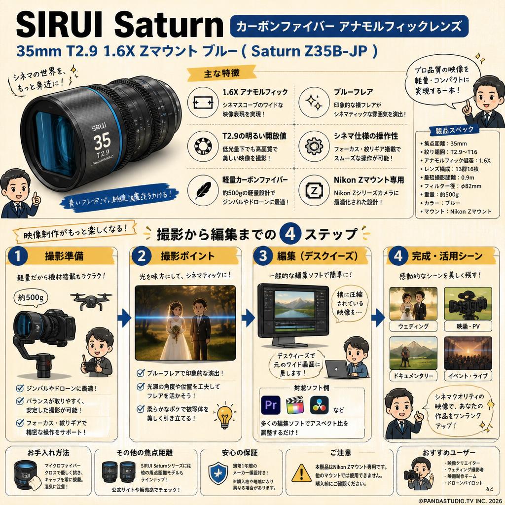 SIRUI Saturn カーボンファイバー アナモルフィックレンズ 35mm T2.9 1.6X  Zマウント ブルー ( Saturn Z35B-JP ) FAQ（よくある質問と答え）