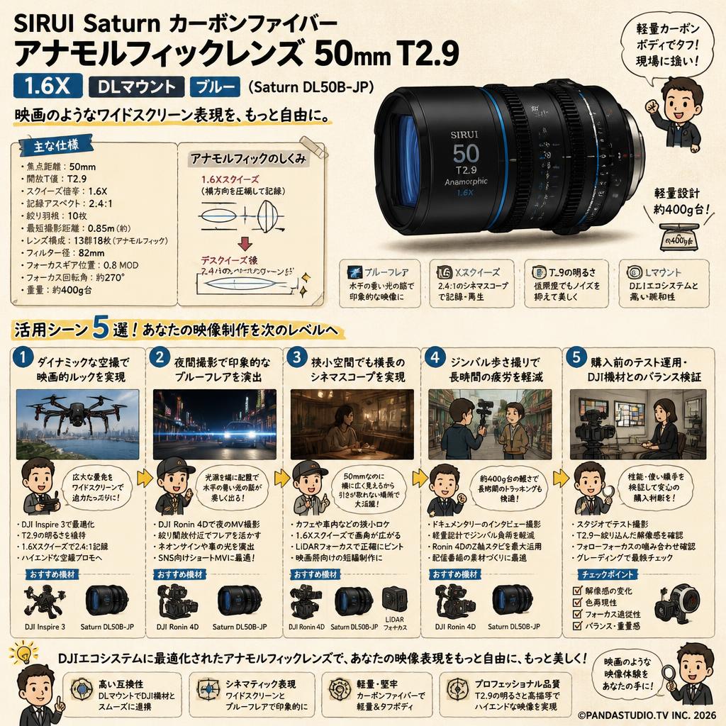 SIRUI Saturn カーボンファイバー アナモルフィックレンズ 50mm T2.9 1.6X  DLマウント ブルー ( Saturn DL50B-JP ) 用途