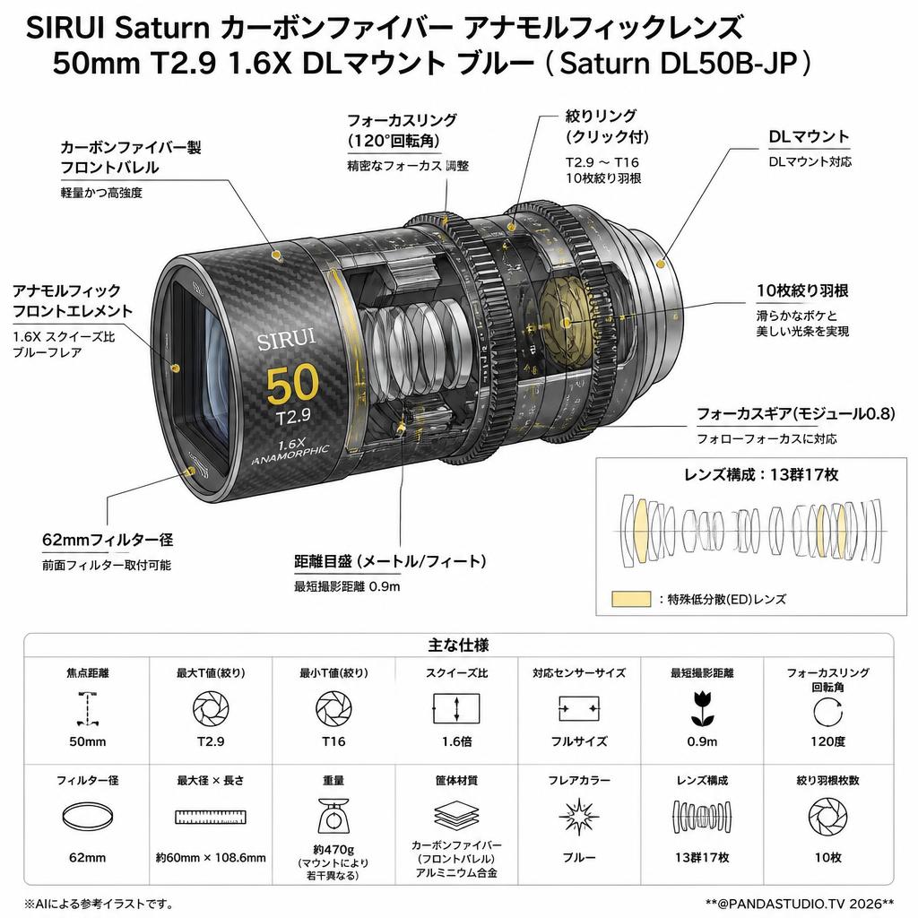 SIRUI Saturn カーボンファイバー アナモルフィックレンズ 50mm T2.9 1.6X  DLマウント ブルー ( Saturn DL50B-JP ) スペック