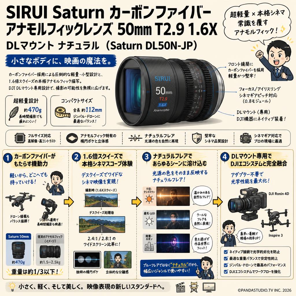 SIRUI Saturn カーボンファイバー アナモルフィックレンズ 50mm T2.9 1.6X  DLマウント ナチュラル ( Saturn DL50N-JP ) 概要