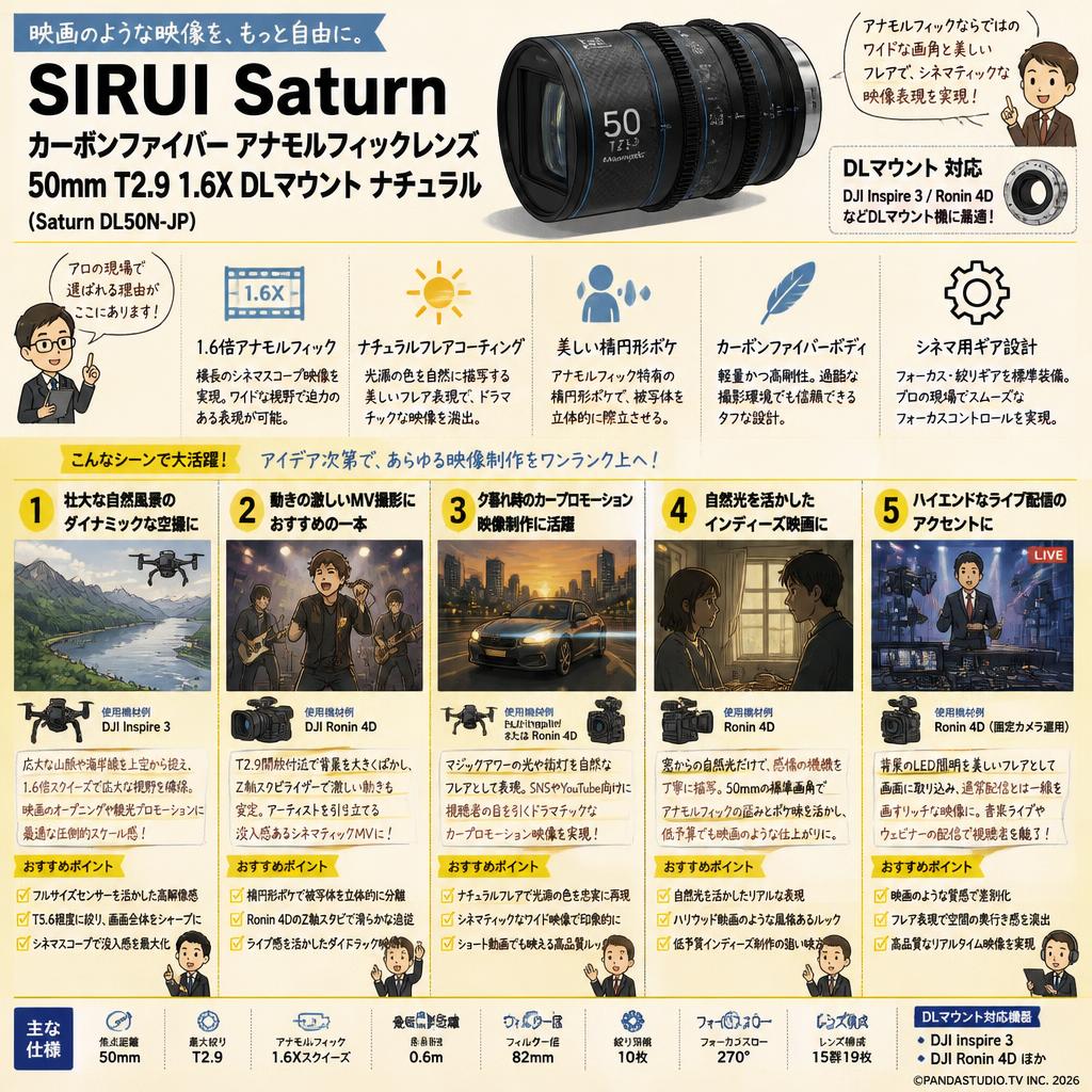 SIRUI Saturn カーボンファイバー アナモルフィックレンズ 50mm T2.9 1.6X  DLマウント ナチュラル ( Saturn DL50N-JP ) 用途