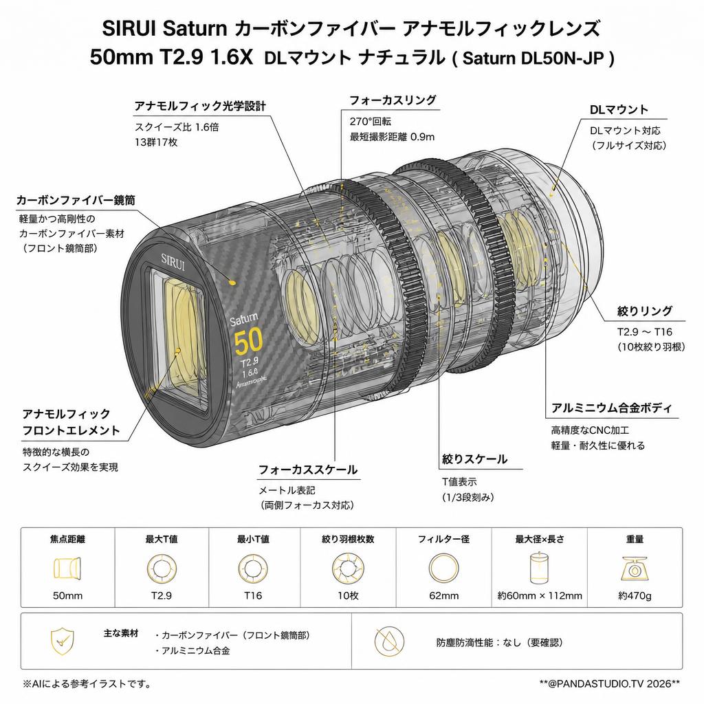 SIRUI Saturn カーボンファイバー アナモルフィックレンズ 50mm T2.9 1.6X  DLマウント ナチュラル ( Saturn DL50N-JP ) スペック