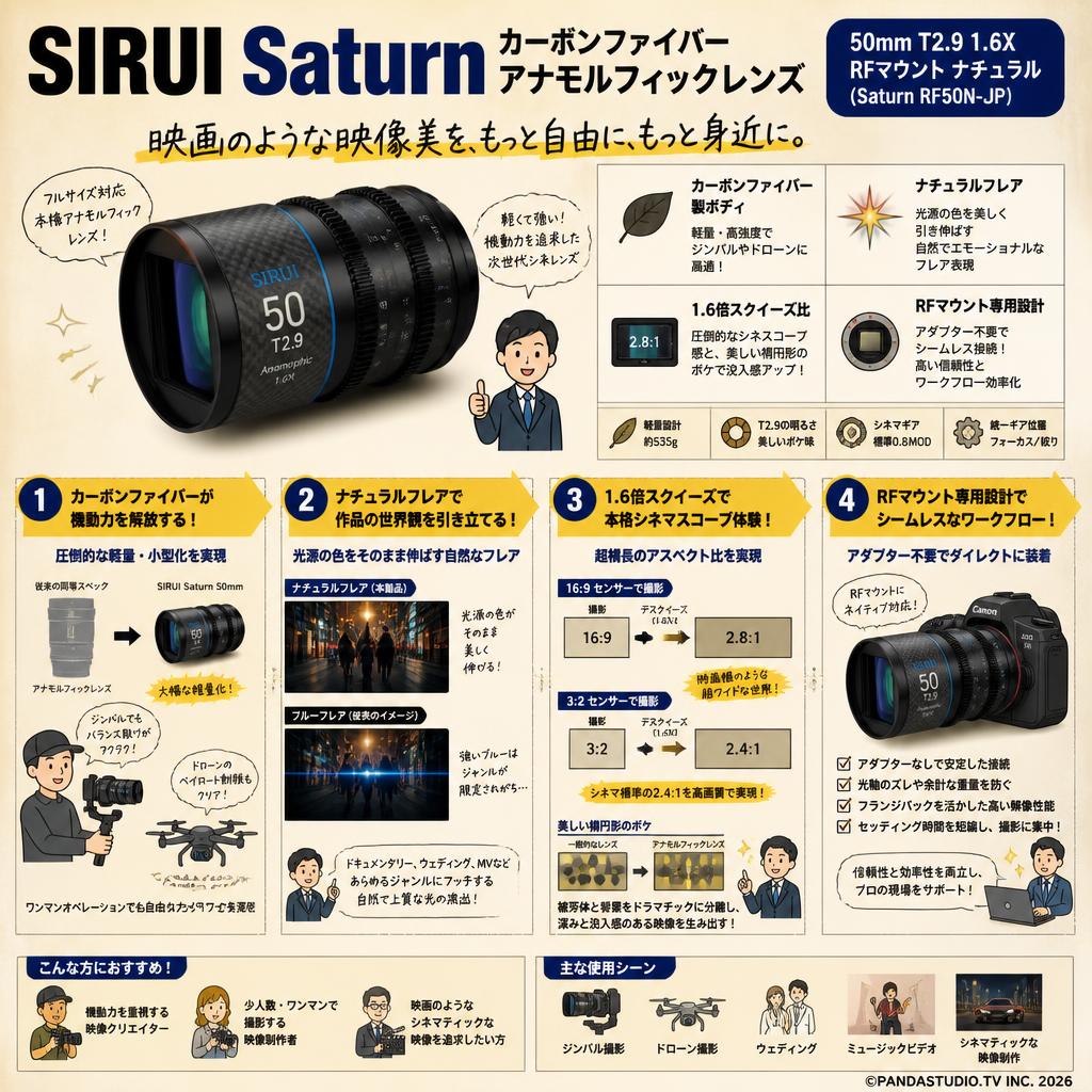 SIRUI Saturn カーボンファイバー アナモルフィックレンズ 50mm T2.9 1.6X  RFマウント ナチュラル ( Saturn RF50N-JP ) 概要