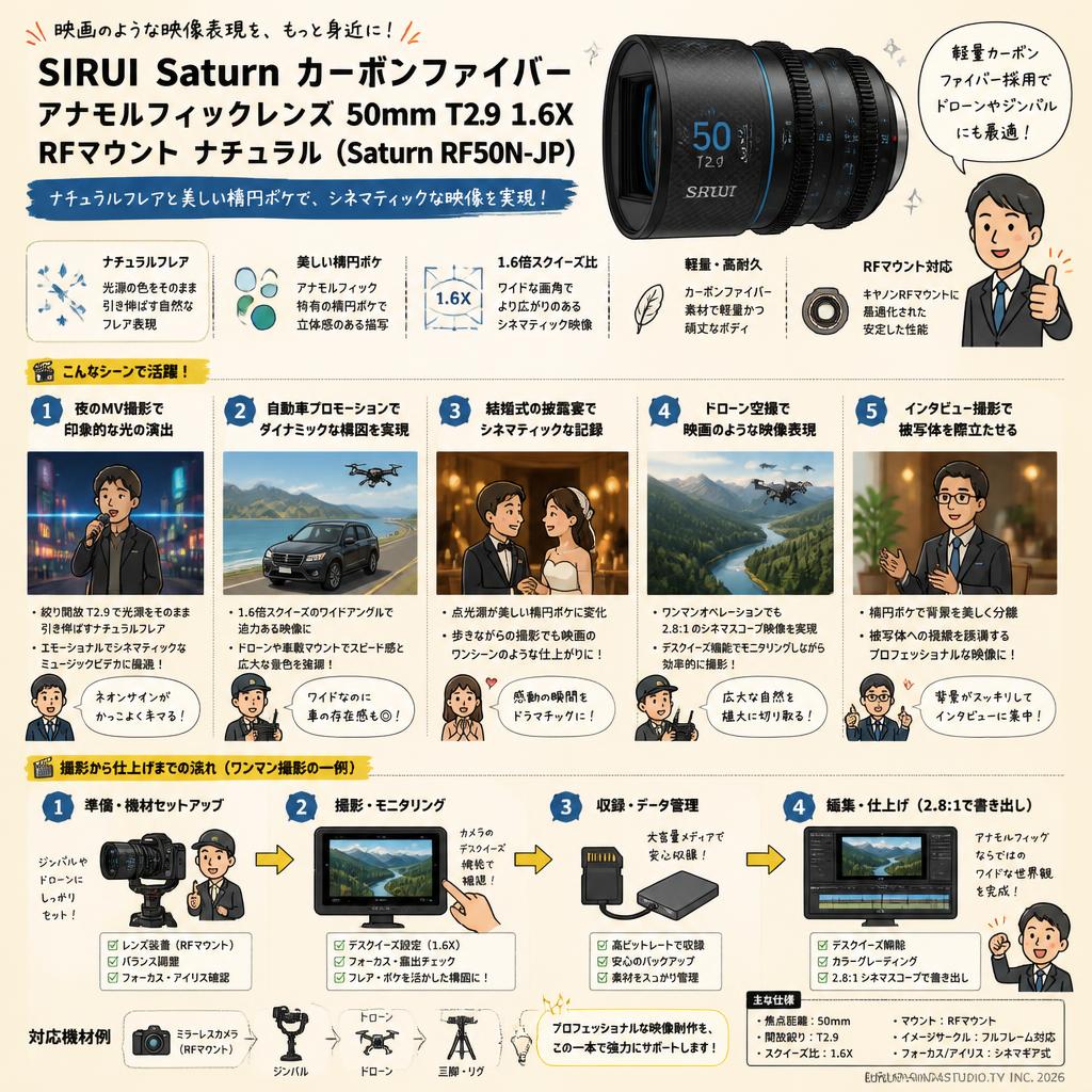 SIRUI Saturn カーボンファイバー アナモルフィックレンズ 50mm T2.9 1.6X  RFマウント ナチュラル ( Saturn RF50N-JP ) 用途