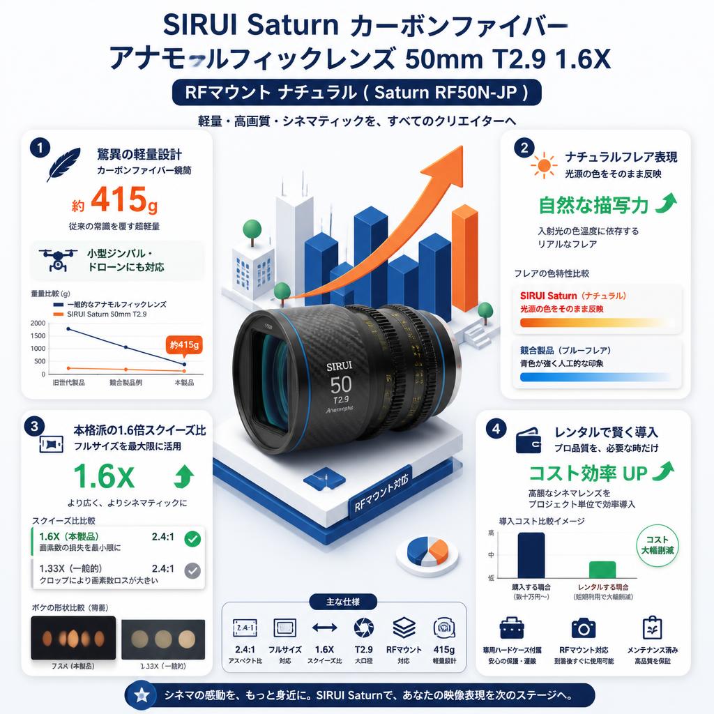 SIRUI Saturn カーボンファイバー アナモルフィックレンズ 50mm T2.9 1.6X  RFマウント ナチュラル ( Saturn RF50N-JP ) セールスポイント