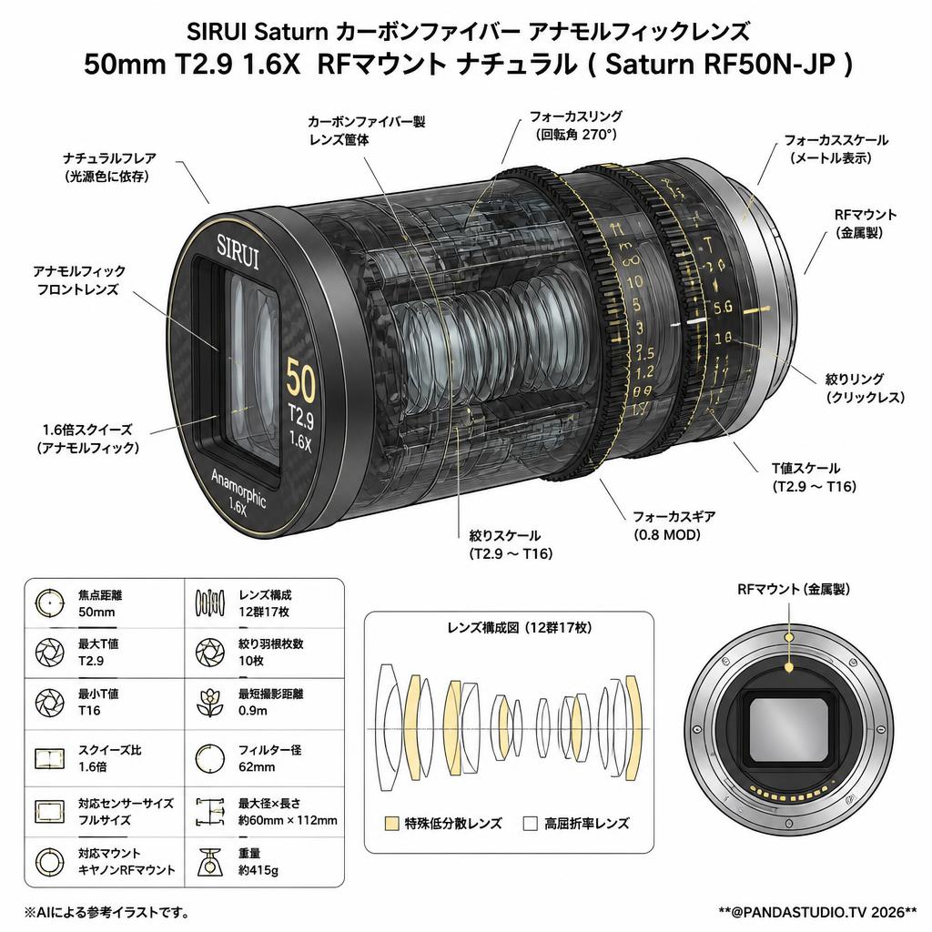 SIRUI Saturn カーボンファイバー アナモルフィックレンズ 50mm T2.9 1.6X  RFマウント ナチュラル ( Saturn RF50N-JP ) スペック