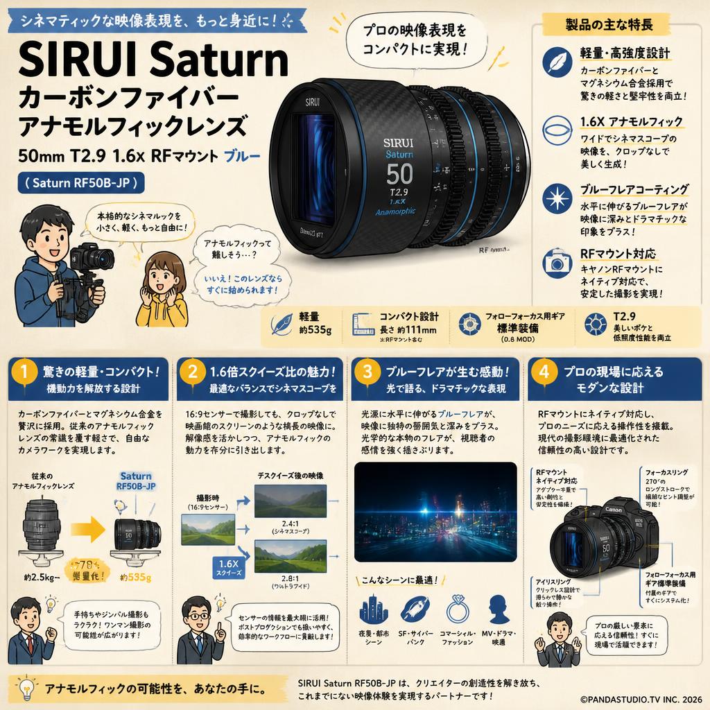 SIRUI Saturn カーボンファイバー アナモルフィックレンズ 50mm T2.9 1.6X  RFマウント ブルー ( Saturn RF50B-JP ) 概要