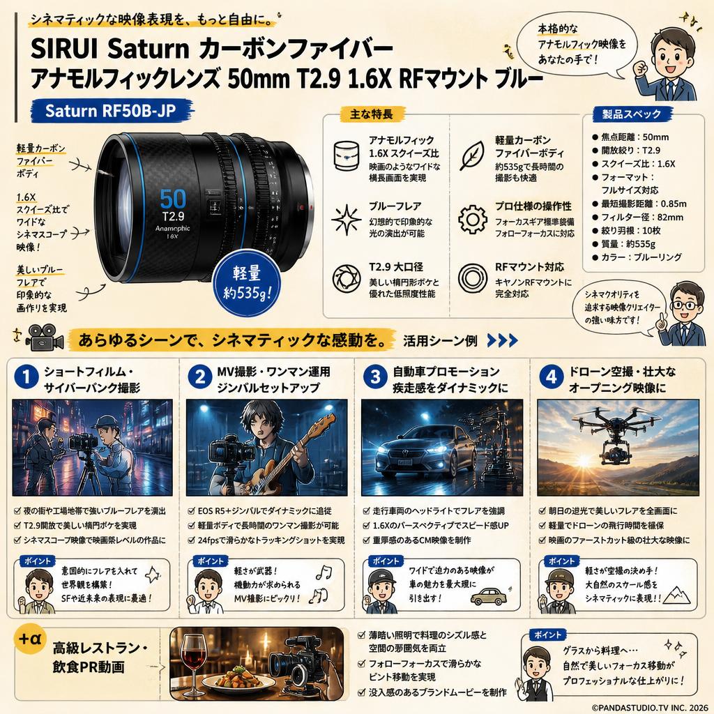 SIRUI Saturn カーボンファイバー アナモルフィックレンズ 50mm T2.9 1.6X  RFマウント ブルー ( Saturn RF50B-JP ) 用途