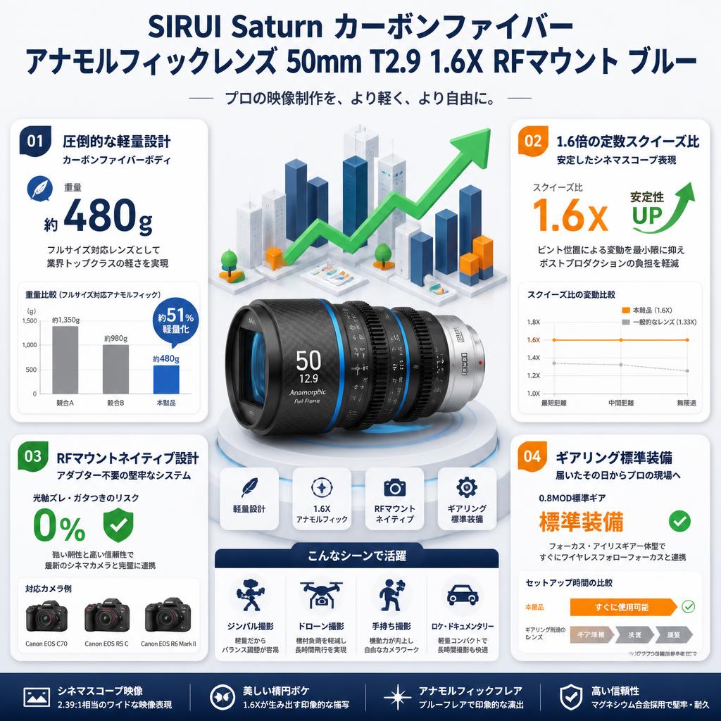 SIRUI Saturn カーボンファイバー アナモルフィックレンズ 50mm T2.9 1.6X  RFマウント ブルー ( Saturn RF50B-JP ) セールスポイント