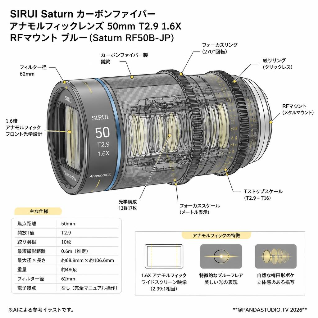 SIRUI Saturn カーボンファイバー アナモルフィックレンズ 50mm T2.9 1.6X  RFマウント ブルー ( Saturn RF50B-JP ) スペック