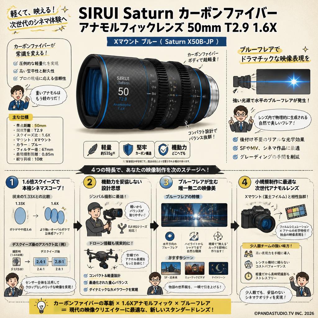 SIRUI Saturn カーボンファイバー アナモルフィックレンズ 50mm T2.9 1.6X  Xマウント ブルー ( Saturn X50B-JP ) 概要