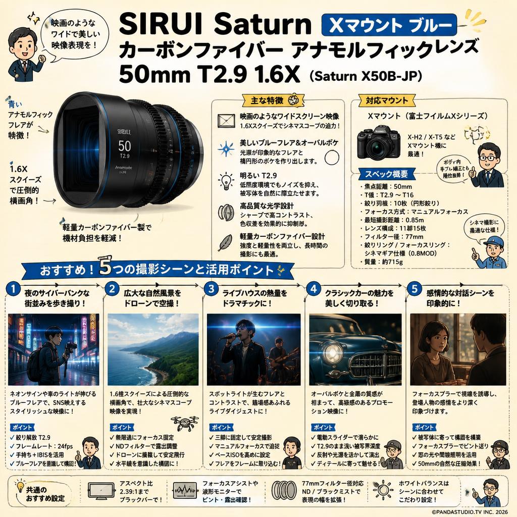 SIRUI Saturn カーボンファイバー アナモルフィックレンズ 50mm T2.9 1.6X  Xマウント ブルー ( Saturn X50B-JP ) 用途