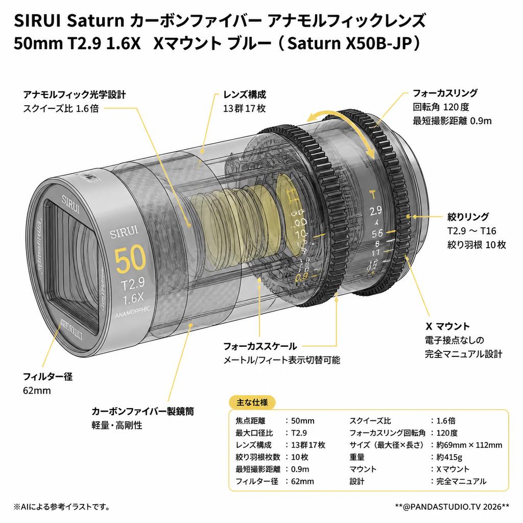 SIRUI Saturn カーボンファイバー アナモルフィックレンズ 50mm T2.9 1.6X  Xマウント ブルー ( Saturn X50B-JP ) スペック