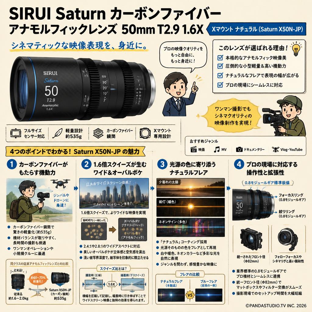 SIRUI Saturn カーボンファイバー アナモルフィックレンズ 50mm T2.9 1.6X  Xマウント ナチュラル ( Saturn X50N-JP ) 概要