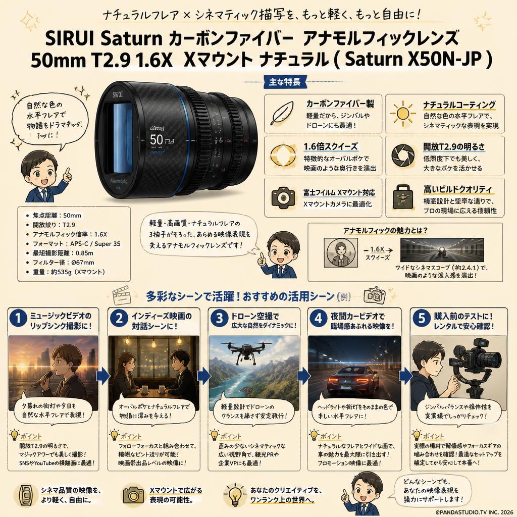 SIRUI Saturn カーボンファイバー アナモルフィックレンズ 50mm T2.9 1.6X  Xマウント ナチュラル ( Saturn X50N-JP ) 用途