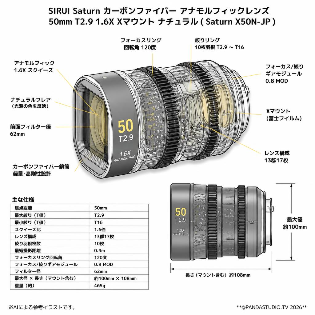 SIRUI Saturn カーボンファイバー アナモルフィックレンズ 50mm T2.9 1.6X  Xマウント ナチュラル ( Saturn X50N-JP ) スペック