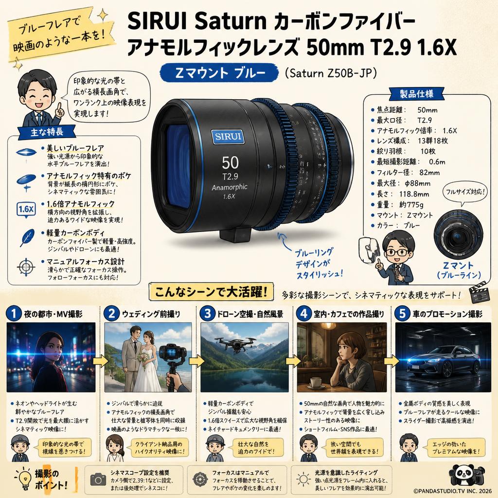 SIRUI Saturn カーボンファイバー アナモルフィックレンズ 50mm T2.9 1.6X  Zマウント ブルー ( Saturn Z50B-JP ) 用途