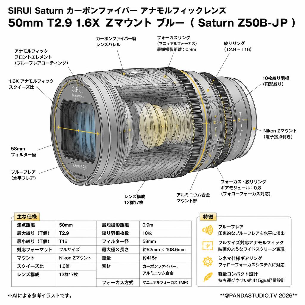 SIRUI Saturn カーボンファイバー アナモルフィックレンズ 50mm T2.9 1.6X  Zマウント ブルー ( Saturn Z50B-JP ) スペック