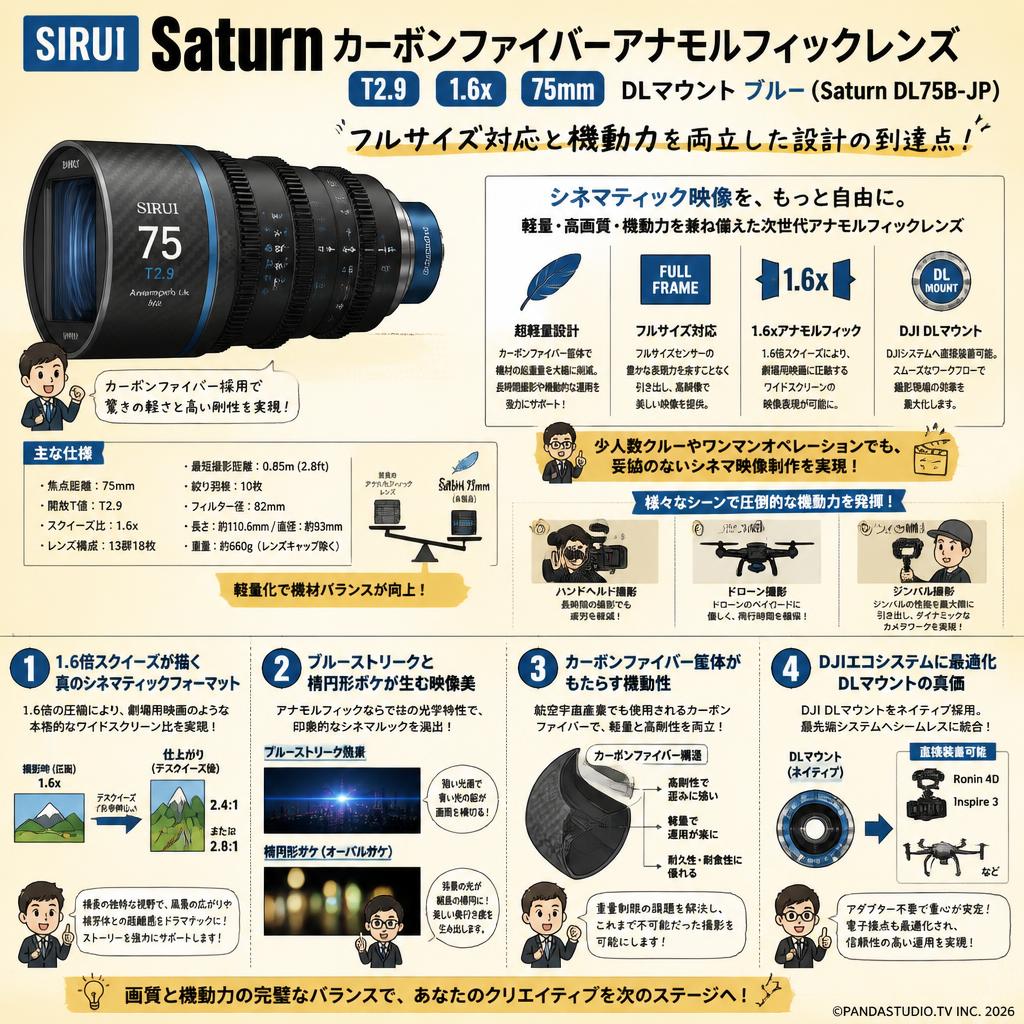 SIRUI Saturn カーボンファイバーアナモルフィックレンズ T2.9 1.6x 75mm DLマウント ブルー(Saturn DL75B-JP) 概要