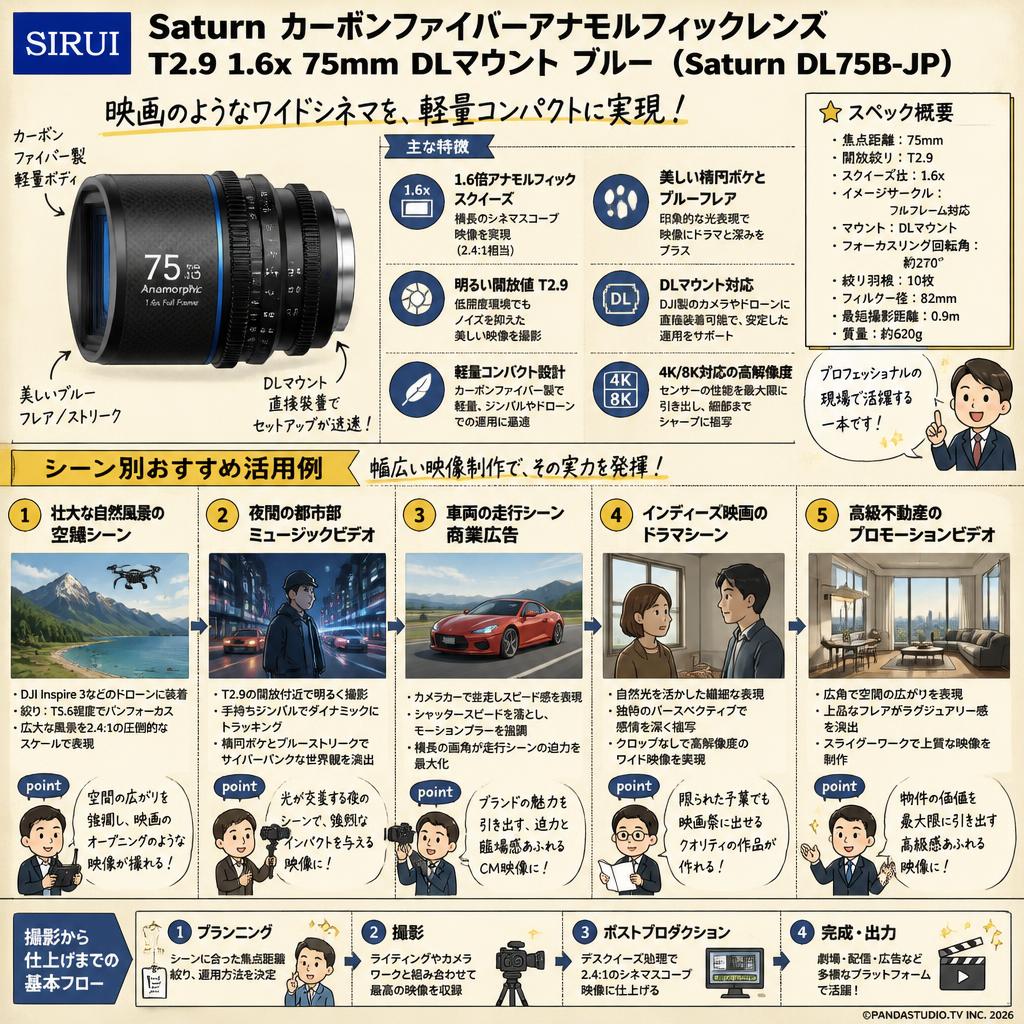 SIRUI Saturn カーボンファイバーアナモルフィックレンズ T2.9 1.6x 75mm DLマウント ブルー(Saturn DL75B-JP) 用途