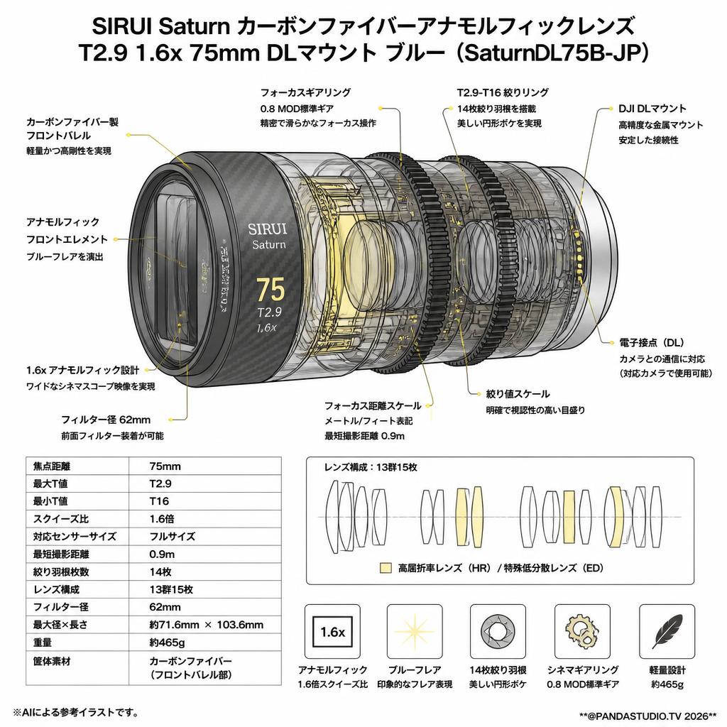 SIRUI Saturn カーボンファイバーアナモルフィックレンズ T2.9 1.6x 75mm DLマウント ブルー(Saturn DL75B-JP) スペック