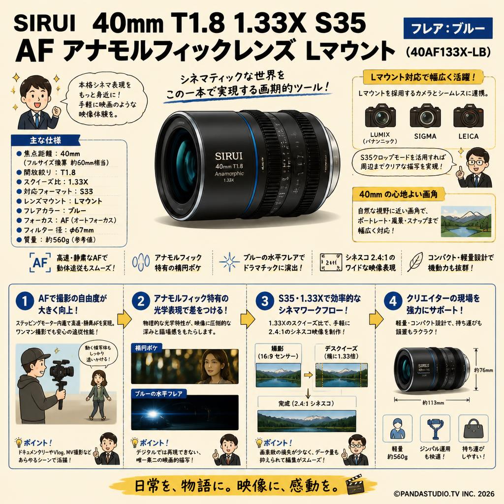 SIRUI 40mm T1.8 1.33X S35 AF アナモルフィックレンズ Lマウント（フレア：ブルー）（ 40AF133X-LB ） 概要