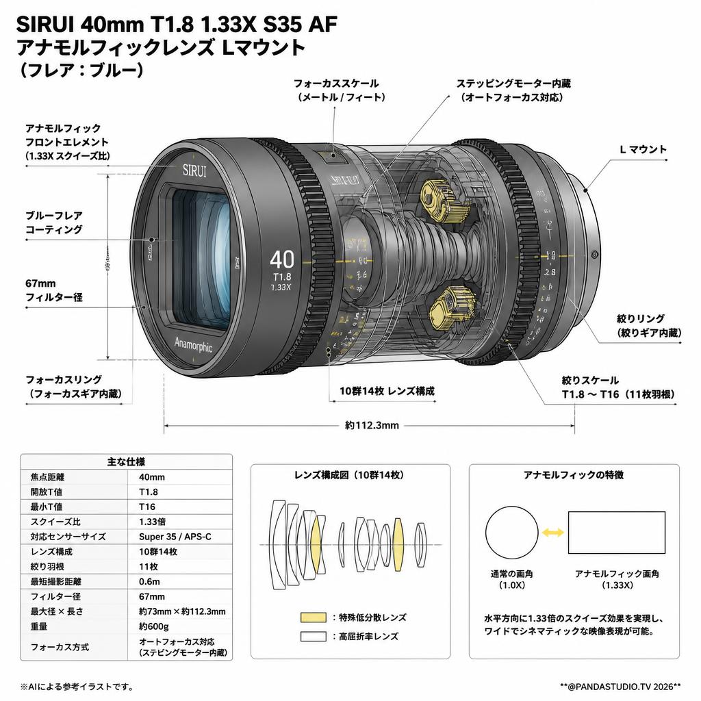 SIRUI 40mm T1.8 1.33X S35 AF アナモルフィックレンズ Lマウント（フレア：ブルー）（ 40AF133X-LB ） スペック