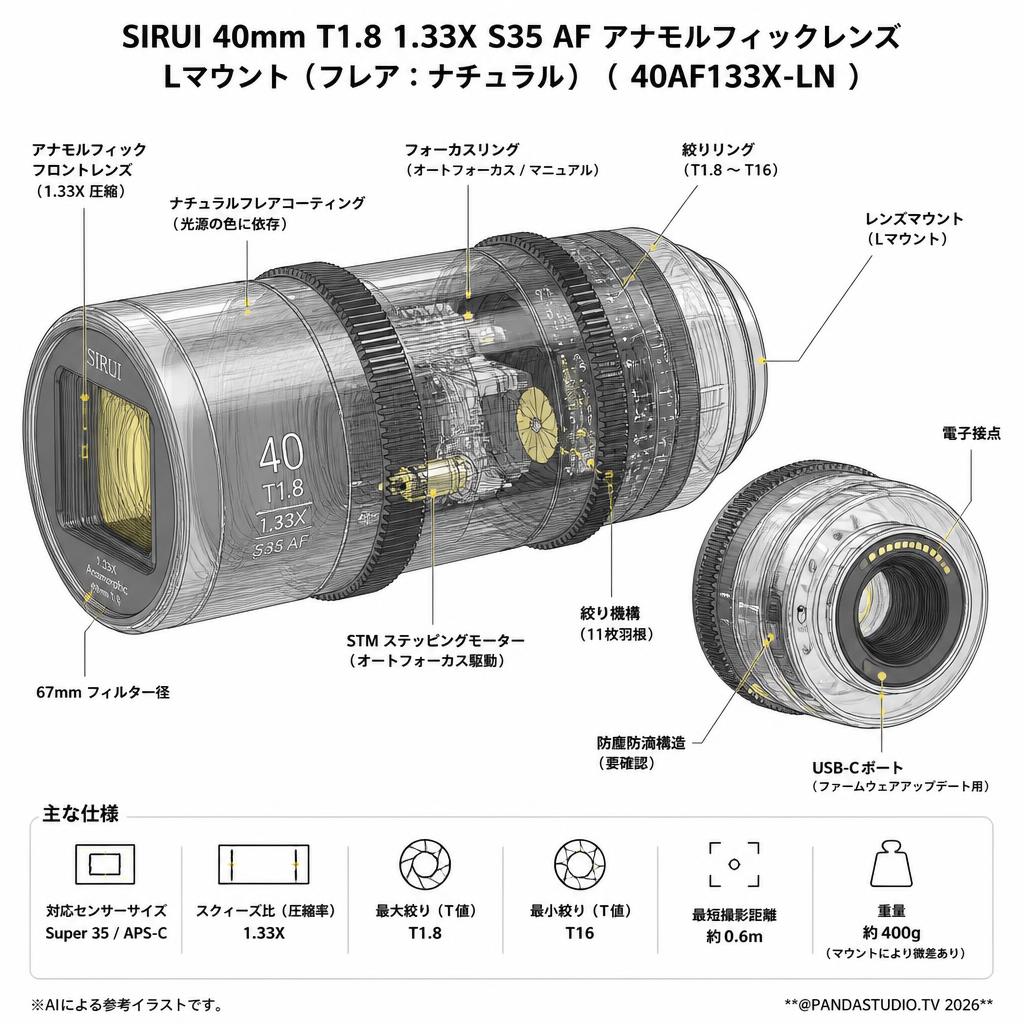 SIRUI 40mm T1.8 1.33X S35 AF アナモルフィックレンズ Lマウント（フレア：ナチュラル）（ 40AF133X-LN ） スペック