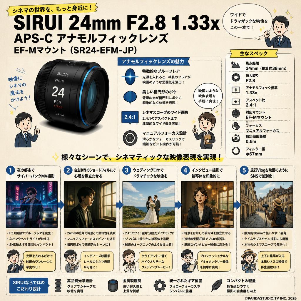 SIRUI 24mm F2.8 1.33x  APS-C アナモルフィックレンズ EF-Mマウント （ SR24-EFM-JP） 用途