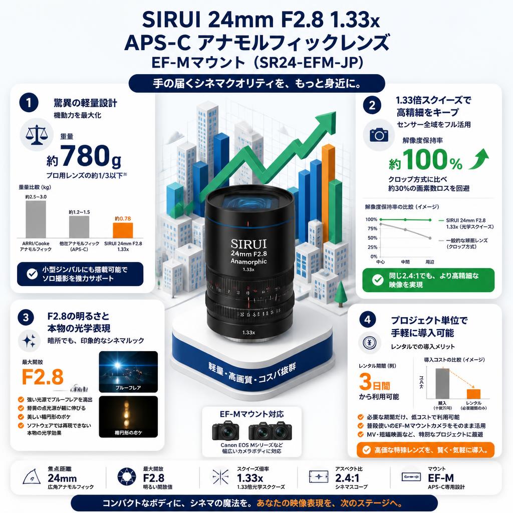 SIRUI 24mm F2.8 1.33x  APS-C アナモルフィックレンズ EF-Mマウント （ SR24-EFM-JP） セールスポイント