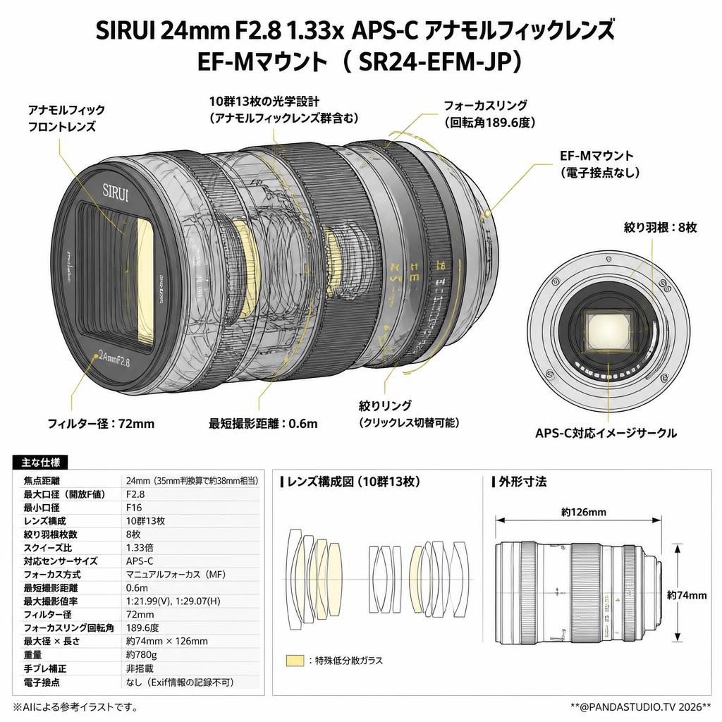 SIRUI 24mm F2.8 1.33x  APS-C アナモルフィックレンズ EF-Mマウント （ SR24-EFM-JP） スペック
