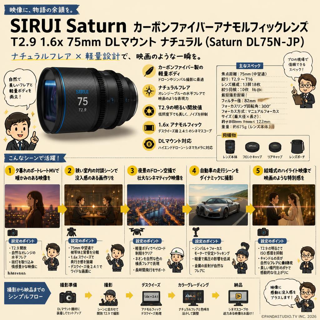SIRUI Saturn カーボンファイバーアナモルフィックレンズ T2.9 1.6x 75mm DLマウント ナチュラル (Saturn DL75N-JP) 用途