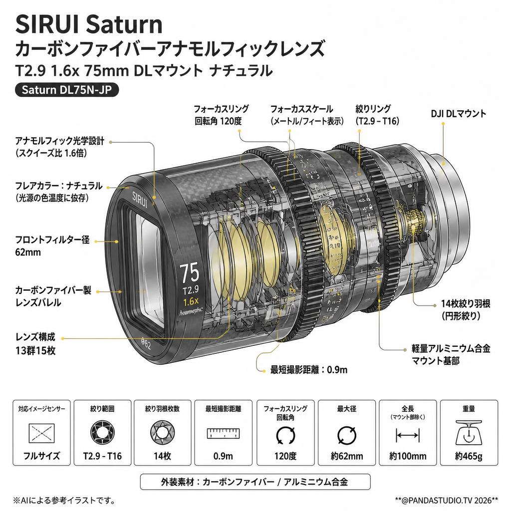 SIRUI Saturn カーボンファイバーアナモルフィックレンズ T2.9 1.6x 75mm DLマウント ナチュラル (Saturn DL75N-JP) スペック