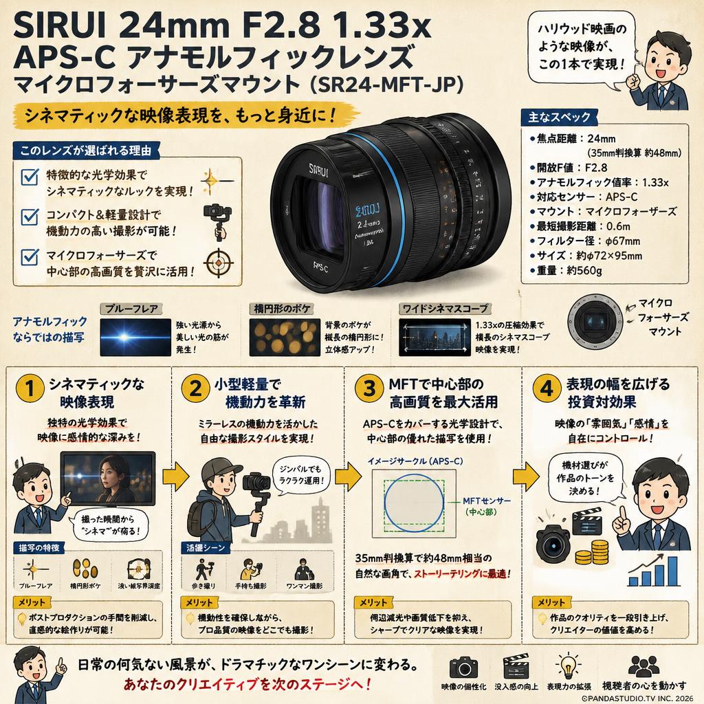 SIRUI 24mm F2.8 1.33x  APS-C アナモルフィックレンズ マイクロフォーサーズマウント （ SR24-MFT-JP） 概要